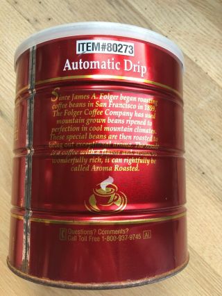 Vintage Folger ' s Coffee Can Tin Red Aroma Roasted 39oz Automatic Drip 3