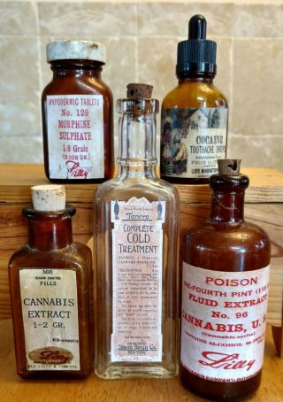 Old Medicine Bottle Hand Crafted,  2 Cannabis,  Cocaine Toothache,  Morphine,  Tan