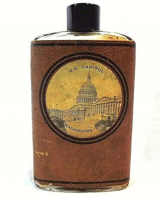 Rare Antique Leather Covered Whiskey Flask U.  S.  Capitol Washington D.  C.  Political