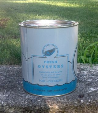VINTAGE DELICIOUS OYSTERS 1 GALLON TIN CAN ALLEN ' S OYSTER HOUSE COLES PT. ,  VA 2