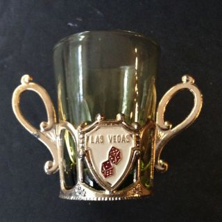 Vintage Las Vegas Shot Glass With 2 Handle Metal Holder,  Dice