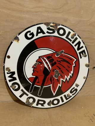 Red Indian Motor Oil Gas Gasoline Porcelain Advertising Sign