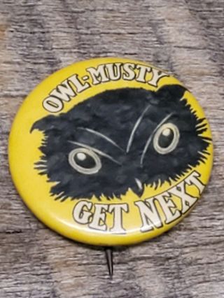 Antique Advertising Sign Celluloid Pin - Back Owl Musty Van Nostrand 
