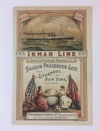 Miss Columbia 1891 Inman Line Steamship Saloon Passenger List Folder Trade Card