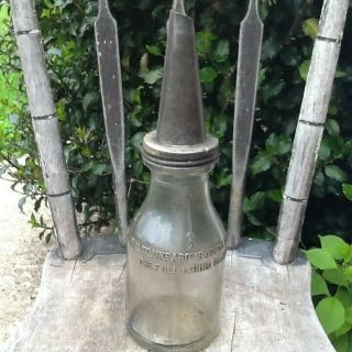Antique Vintage Glass Oil Bottle 1 Quart With Metal Nozzle Arrow Havoline? Rare