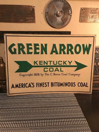 Antique Embossed Green Arrow Kentucky Coal Tin Sign Mining Rare Railroad Train