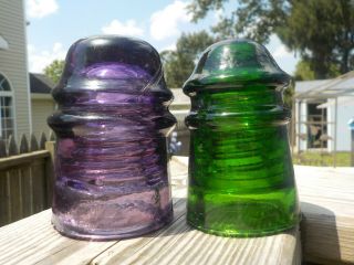 GLOWING PURPLE WGM AND EMERALD GREEN MCLAUGHLIN GLASS INSULATORS 2