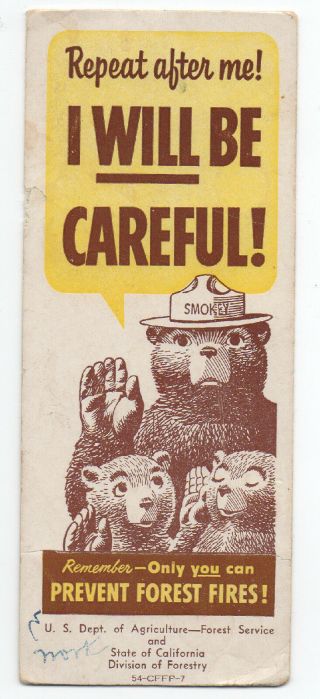 1950s Smokey The Bear Advertising Blotter " I Will Be Careful "