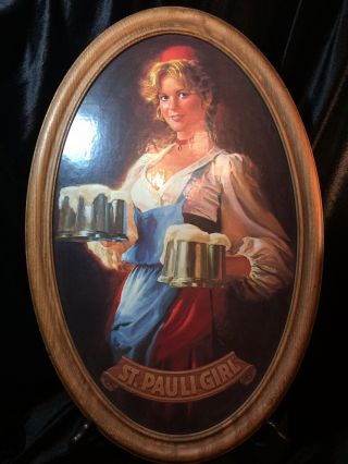 St.  Pauli Girl Beer Sign 23 1/2 " X 16 " Framed Oval Frame - Rare Vintage - Htf