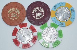Set Of 5 Silver Bird 25¢ - 50¢ - $1 - $5 - $25 Casino Chips Las Vegas Nevada Diecar Mold