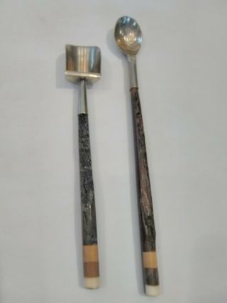 Vintage Handcarved Wood Handle Bar Tool / Sterling Silver Set Of 2 Handcrafted
