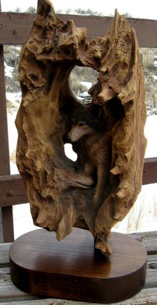 Den Meditation Cain Wolves Signed Numbered Drift Wood Sculpture Puzzle Wolf Cub