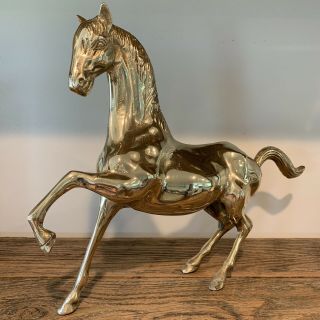 Vintage Large Mid - Century Heavy Brass Prancing Horse Statue/figurine 17x12”