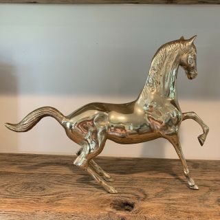 Vintage Large Mid - Century Heavy Brass Prancing Horse Statue/Figurine 17x12” 2