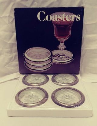 Set Of 4 Vintage Leonard Silver Plated Crystal Coasters Italy -