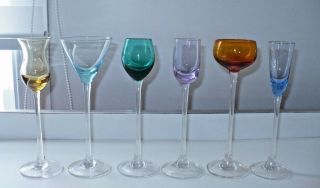 6 Hand Blown Glass Multi Color Shapes Long Stem Cordial Shot Glasses