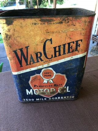 Old Rusty And Crusty War Chief Motor Oil Can.  Awesome Display Two Gallon Can.