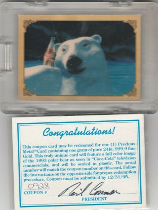 1993 Coca Cola Series 2 Polar Bears Gold 24k Card,  Redemption
