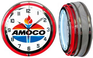 Amoco Oil Gas 19 " Double Neon Clock Red Neon Chrome Finish