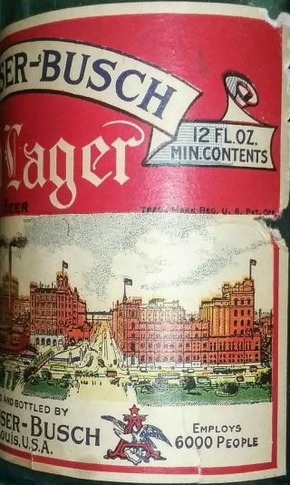 Old Lager Beer Bottle pre - prohibition WW1 Anheuser Busch St.  Louis MO.  BUDWEISER 8