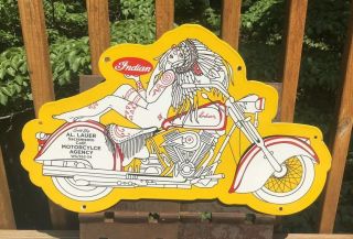 Old " Indian Motorcycle " Double Sided Porcelain Dealer Sign,  (dated 1954)