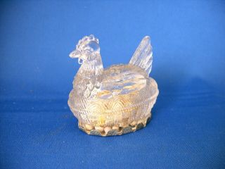 Antique Glass Toy Easter Chicken On Small Oval Basket Candy Container 1900