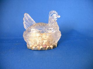 ANTIQUE GLASS TOY EASTER CHICKEN ON SMALL OVAL BASKET CANDY CONTAINER 1900 3