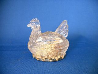 ANTIQUE GLASS TOY EASTER CHICKEN ON SMALL OVAL BASKET CANDY CONTAINER 1900 7