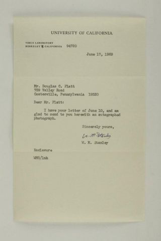 Wendell M.  Stanley (nobel Prize Chemistry 1946) Typed Signed Letter 6/17/1969