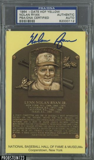 Nolan Ryan Signed Yellow Hcf Plaque Post Card Psa/dna Certified Authentic Auto