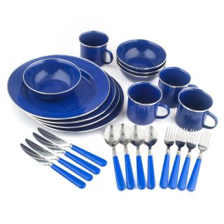 Camping Enamel Tableware Plate Set 24 Piece Dinnerware Dishes Flatware Blue