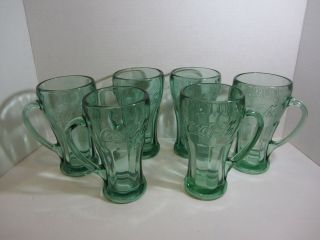 Set Of 6 Green Coca Cola Thick Heavy Glasses W/ Handle Mugs Libbey Glass Euc
