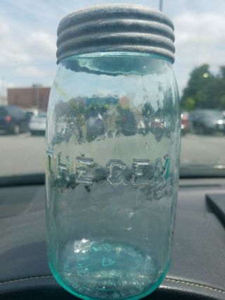 " The Gem " Aqua Quart Fruit Jar - Slugplate On Reverse - Amber Streaks In Glass