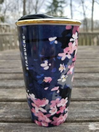 Very Rare Starbucks 2016 Blue Cherry Blossom Ceramic Double Wall Tumbler Mug