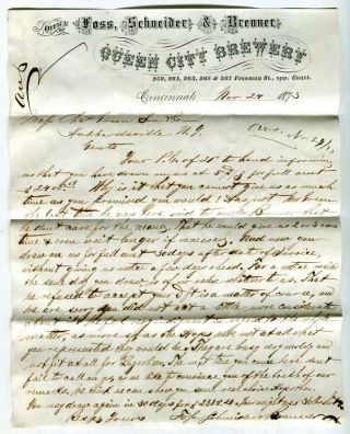 1873 Foss Schneider & Brenner Queen City Brewery Letter Cincinnati Ohio Oh Beer