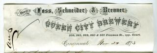1873 Foss Schneider & Brenner Queen City Brewery Letter Cincinnati Ohio OH Beer 2