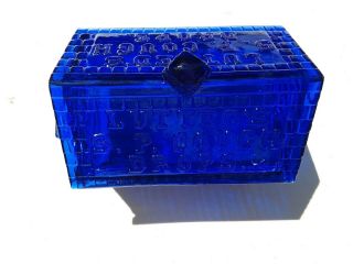 VINTAGE COBALT BLUE GLASS LUTTED ' S S.  P.  COUGH DROP DISPLAY LOG CABIN 3