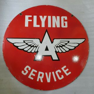 FLYING A SERVICE 2 SIDED 30 INCHES ROUND VINTAGE ENAMEL SIGN 2