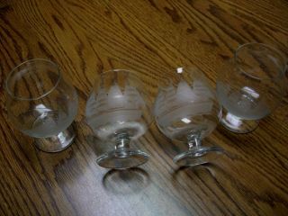 Four Small Brandy Snifter Glasses/etched White Frosted Ship Accent/3.  5 " Tall
