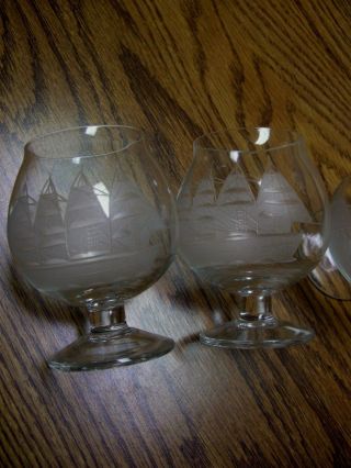 Four Small Brandy Snifter Glasses/Etched White Frosted Ship Accent/3.  5 