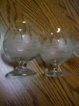 Four Small Brandy Snifter Glasses/Etched White Frosted Ship Accent/3.  5 