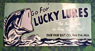 Lucky Lures Fish Paw Paw Bait Fishing Porcelain Enamel Sign 36 X 18 Inches S/s
