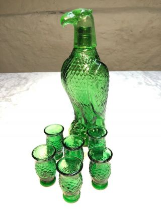 Mid Century (1960’s) Green Glass Eagle Decantor With Rare Shot Glasses