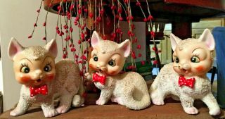 Vtg Kitten Cat Trio Sugar Texture Red Bow Tie Green Moon Eye Pink Ears Figurine
