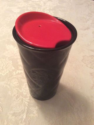 Starbucks Black Quilted Ceramic Tumbler Mug Siren 10 Oz Red Lid HTF 3