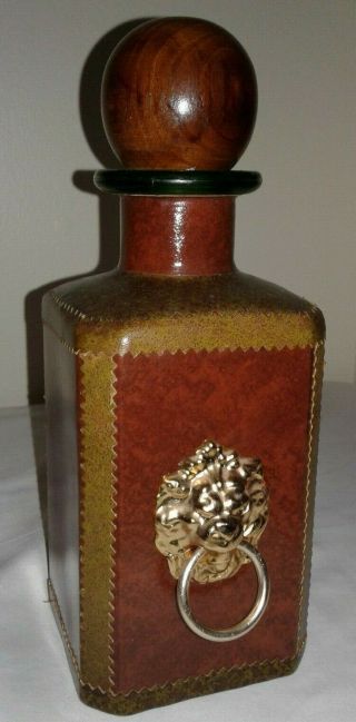 Vintage Leather Green Glass Wrap Brass Lion Head Decanter Barware Made In Italy