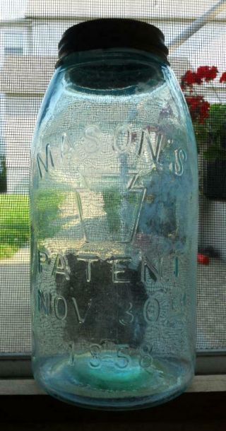Half Gallon Blue Aqua Keystone Patent 1858 Mason Fruit Canning Jar Amber Swirl