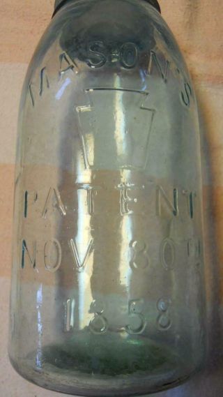 Half Gallon Blue Aqua Keystone Patent 1858 Mason Fruit Canning Jar Amber Swirl 4