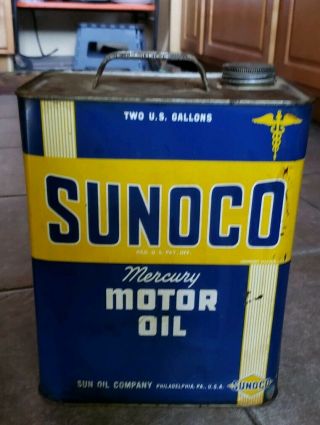 Vintage Sunoco Mercury Made Motor Oil 2 Gallon Can Gas Station Advertising 3