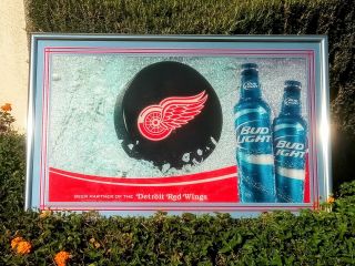 Bud Light Beer Detroit Red Wings Nhl Hockey Mirror Bar Sign Budweiser